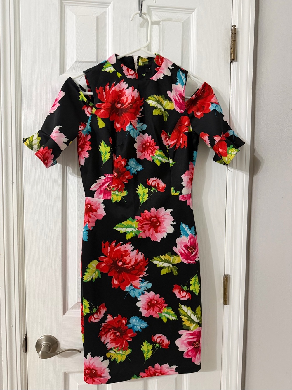 XOXO Black Cold-Shoulder Sheath Dress with Red, Pink & Green Floral Print